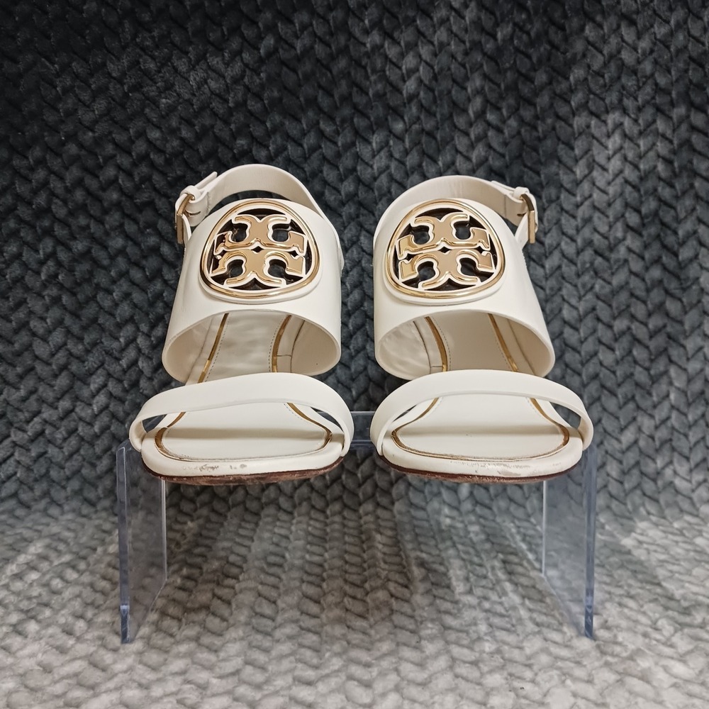 Tory Burch Cream Leather Wedge Sandals with Gold Logo - Picture 6 of 16
